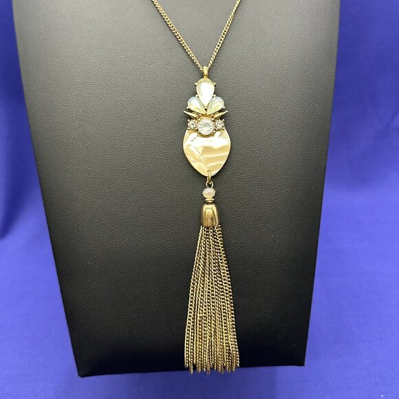 Long Jade & Jasper Gold-Tone Pendant Necklace Crystals & Tassel - Picture 1 of 10